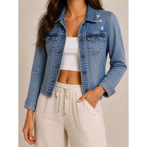 Aeropostale Two Tone Distressed Cropped Denim Jacket Medium Wash - Size M